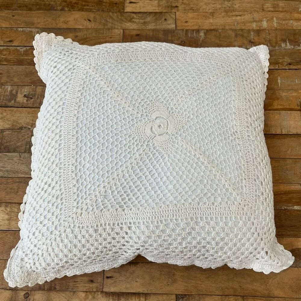 Ivory Cotton Crochet Square Decorative Pillow 15 x 15
